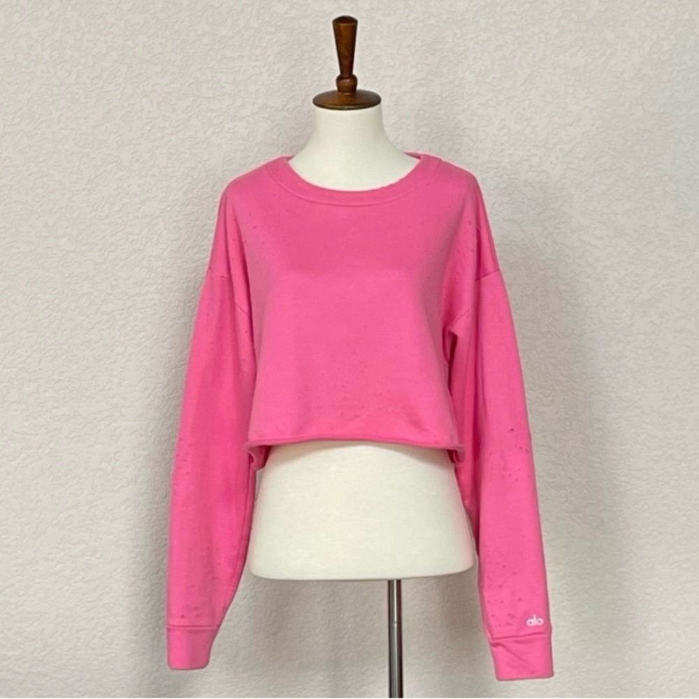 Alo Yoga hot pink distressed French terry pullover sweatshirt